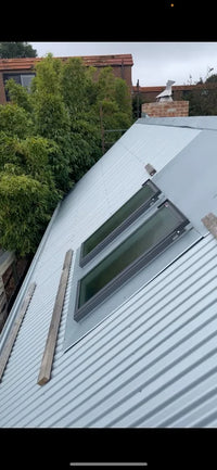 Skylight on a roof with trees and buildings in the background