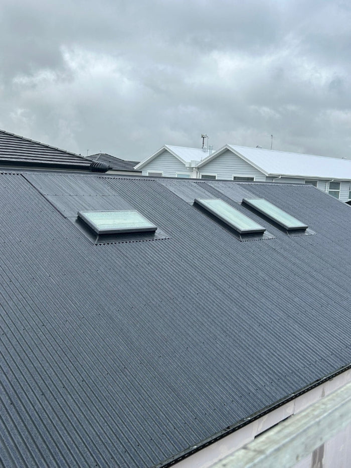 Roof with solar panels on a cloudy day - Bill Roofing 