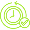 Green icon of a clock with circular arrows and a check mark on a white background