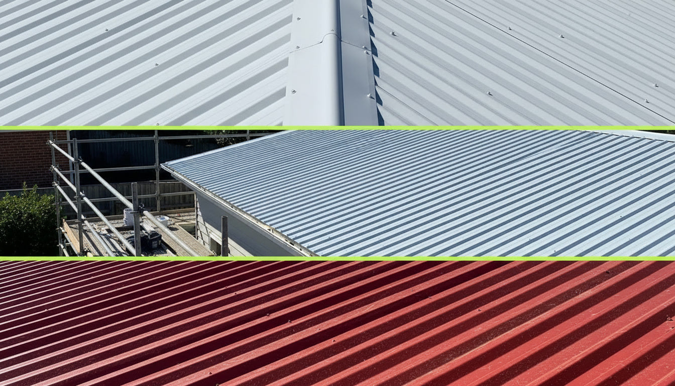 Comparison of different roof materials including metal, corrugated, and red-brown. - Bill Roofing 
