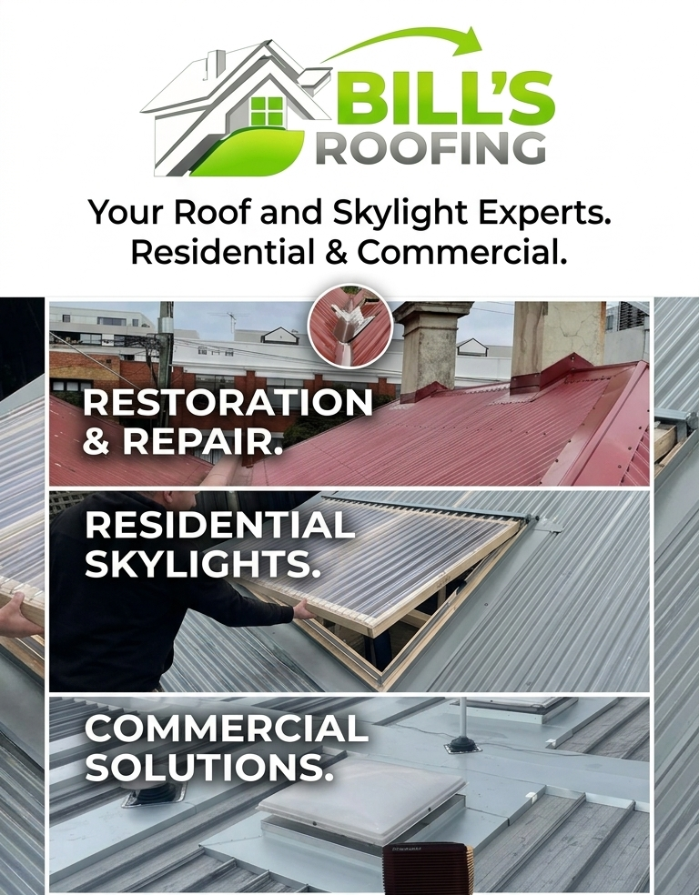 Bill's Roofing advertisement with services listed and images of roofing work.