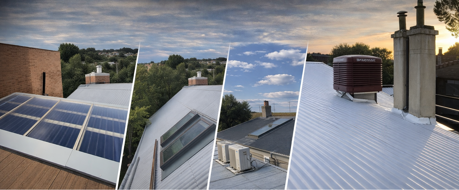 Collage of various roof types with solar panels, skylights, and chimneys. - Bill Roofing 