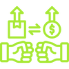 Green icons of a hand holding money, a dollar sign, and an arrow pointing upwards on a white background.