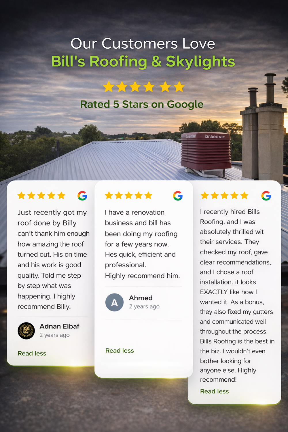 Advertisement for Bill's Roofing & Skylights with customer reviews and a five-star rating on Google.