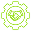 Green outline of a handshake inside a gear on a white background