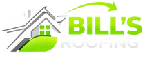 Logo for 'Bill's Roofing' with a roof and leaf design on a white background