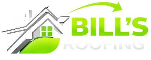 Logo for 'Bill's Roofing' with a roof and leaf design on a white background