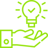 Green icon of a hand holding a light bulb with a check mark, symbolizing an idea or innovation.